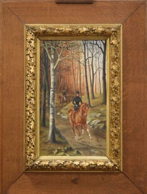 tableau représentant un homme à cheval dans une zone boisée