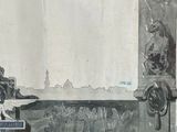 a drawing of a man sitting on a bench in front of a clock