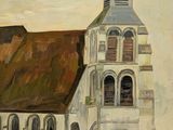 painting of an old church with a steeple and a steeple on top