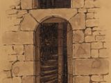 dessin représentant un vieux bâtiment en pierre avec une porte et une fenêtre