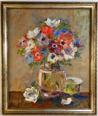 une peinture à l'huile représentant des fleurs dans un vase sur une table