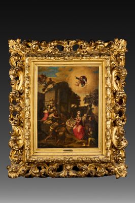 un tableau ancien représentant un homme et une femme dans un paysage où figure un oiseau