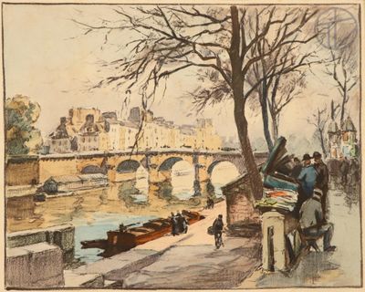 drawing of a painting of people on a bridge with a river in the background