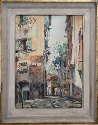 une peinture à l'huile représentant une scène de rue avec des bâtiments et des personnages