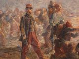 a painting of a man in uniform standing next to a horse