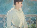 painting of a woman in a white dress sitting on a balcony