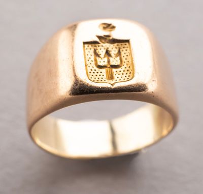 an image of a gold ring with a coat of arms