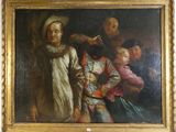 une image représentant un tableau où l'on voit un homme tenant un enfant dans ses bras devant un groupe de personnes