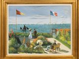 an oil painting of a woman sitting on a bench in front of the ocean