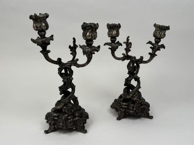 pair of antique bronze candlesticks with flowers and birds on them