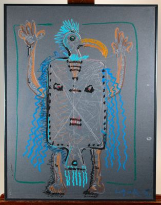 peinture représentant un dessin de robot posé sur un chevalet en bois