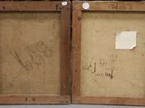 two paintings of a man and a woman are shown in wooden frames
