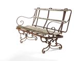 a metal bench with a wooden seat on a white background