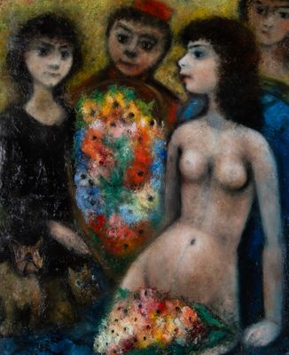 une image représentant un tableau d'une femme avec des fleurs devant un groupe de personnes