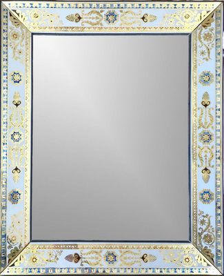 une image représentant un miroir décoratif orné d'une bordure bleue et dorée