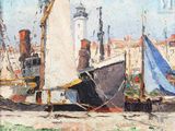 une peinture représentant une peinture de bateaux dans un port