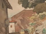 a watercolor painting of a house and a tree on a hill