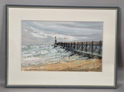 painting of a pier on a beach with waves coming in from the water