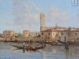 un tableau représentant une gondole sur l'eau avec des personnes à bord