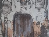 a drawing of a doorway in a building with signs on it
