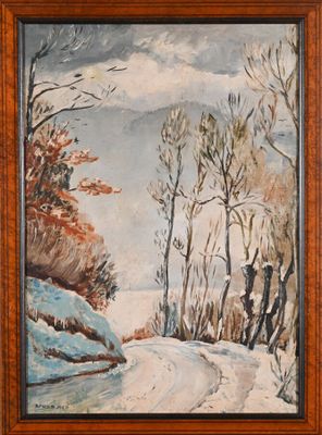 an oil painting of a snowy landscape with trees and a road