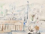 une aquarelle représentant une femme assise sur un banc