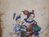 a picture of a painting of a man and a woman riding a horse