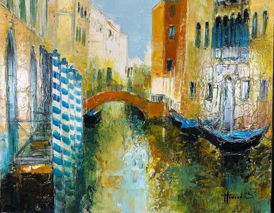 une peinture à l'huile représentant un canal avec un pont et des bâtiments en arrière-plan