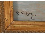 a close up of a painting of a gold frame with writing on it