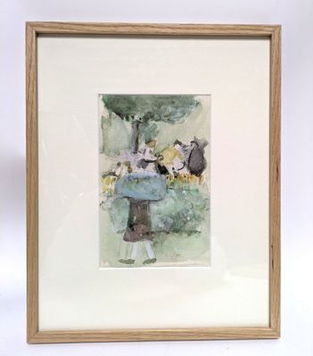 framed watercolor painting of a woman with a parasol in a garden