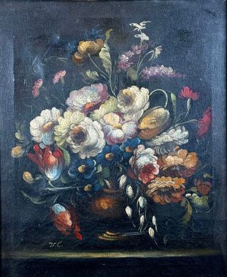 peinture d'une nature morte de fleurs dans un vase sur une table