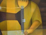 a painting of a person sitting at a table reading a book