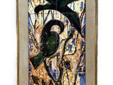 painting of two birds perched on a tree branch in a frame