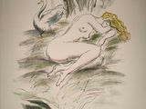 a drawing of a woman laying on a body of water