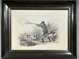 painting of a man with a gun in his hand and a dog in the background