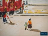 a painting of a woman and two children on the street