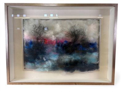 painting of a landscape with trees in a frame on a white background