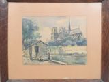 framed watercolor painting of a church and a boat on a river