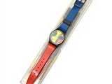 an image of a red and blue watch with a yellow face