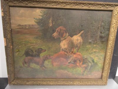 a picture of a painting of dogs in a field