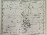 an old map of the constellations in the sky with a man sitting on it