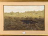 a picture of a painting of a dog running in a field
