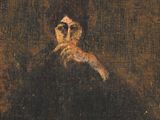 tableau représentant une femme en robe noire avec un chat sur l'épaule