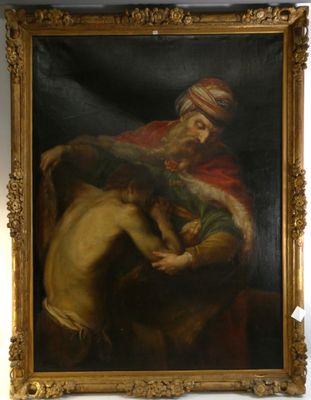 une image représentant un tableau où l'on voit un homme tenant un enfant dans ses bras
