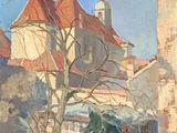 painting of a house with a tree in front of it and a building in the background