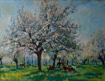 a painting of cows grazing in a field with trees