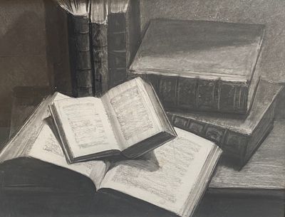 a drawing of an open book on a table next to a stack of books