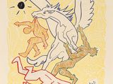 une image représentant un dessin d'un cheval et d'un homme sur un skateboard