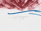 drawing of a red rose with a blue stem on a white background