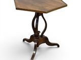 an octagonal table with a wooden top and metal legs